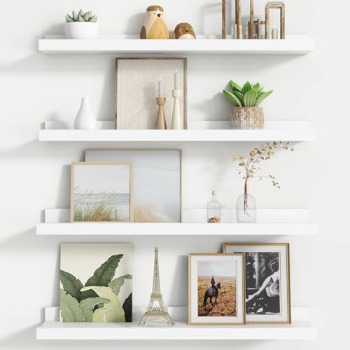 Floating Picture Ledge Shelves for Wall Set of 4, 24 Inch Wall Shelves with Lip Long Large Nursery Book Shelf for Toys Storage Kids Bookshelf Wall Mounted Living Room Bedroom Decor Frames - color: White, size: 24'', Set of 4