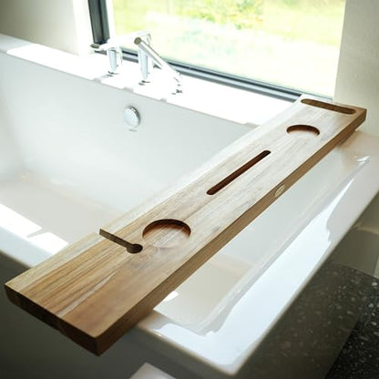 EcoDecors Eleganto 42" Live Edge Solid Teak Bath Caddy Tray with Handle, Book & Tablet Holder, Wine Glass Holders, Luxury Bathtub Tray - style: 42" Live Edge