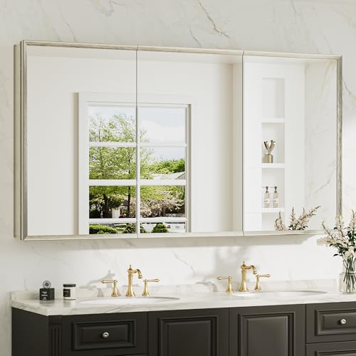 60 x 32 Brushed Nickel Recessed Medicine Cabinet with Mirror, Assembly Required, Bathroom Medicine Cabinet with Mirror, Stepless Adjustable Shelves, Beveled Aluminum Frame, DTC Hinge - color: Brushed Nickel, size: 60x32 in