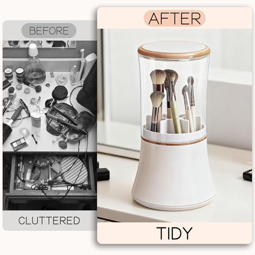 Makeup Brush Holder with Lid Cosmetic Tools Organizer 360 Rotating Waterproof Dustproof Make Up Brushes Storage for Vanity Bathroom Countertop - color: White slender