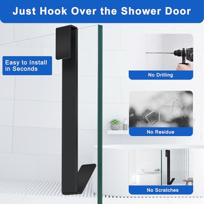 Shower Door Hooks 10 in, Shower Hooks for Towels, Heavy Duty Drilling-Free Extended Towel Hooks for Bathroom Frameless Glass Door, Over the Door Towel Hooks 3 Packs Black - size: 10 IN-Black