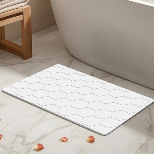 THMINS White Stone Bath Mat, 24''x16'' Stone Shower Mat | Diatomite Stone Bath Mat, Super Absorbent, Quick-Drying, Non-Slip, and Easy to Clean for Bathroom - color: Whitehexagon, size: 23.6x15.4''
