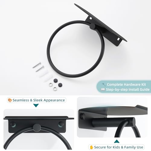 Hand Towel Ring with Shelf, Matte Black, 304 Stainless Steel | 8.07-Inch Storage Surface, Raised Back Edge, 180° Swivel Motion, Phone Storage, Modern Bathroom Upgrade, Small-Space Use - color: Matte Black