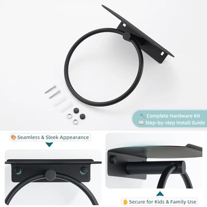 Hand Towel Ring with Shelf, Matte Black, 304 Stainless Steel | 8.07-Inch Storage Surface, Raised Back Edge, 180° Swivel Motion, Phone Storage, Modern Bathroom Upgrade, Small-Space Use - color: Matte Black