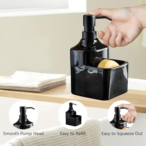 Gets Soap Dispenser Black Ceramic Pump Bottle with Storage Holder | Countertop Liquid Hand Wash Bottle with Organizer Tray for Bathroom, Kitchen, Refillable Modern Dispenser for Vanity Sink - size: Black With Sponge Holder