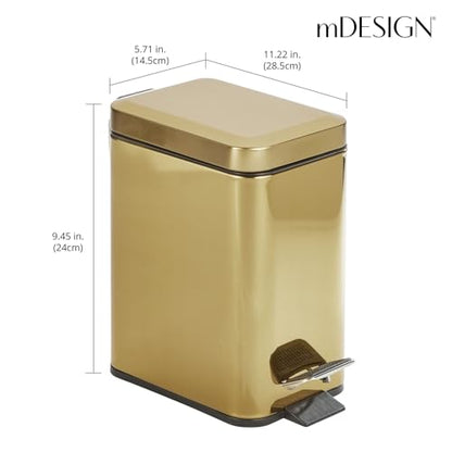 mDesign Slim Metal Rectangle 0.8 Gallon Trash Can with Step Pedal, Easy-Close Lid, Removable Liner - Narrow Wastebasket Garbage Container Bin for Bathroom, Bedroom, Kitchen, Office - Soft Brass - color: Soft Brass, size: .8 Gallon