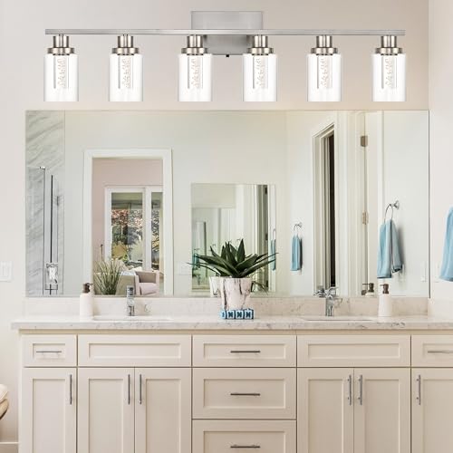 MELUCEE 6-Light LED Bathroom Vanity Light Brushed Nickel 3000K-6000K | Modern Bathroom Light Bar with Crystal Bubble Clear Glass Shade, Dimmable Bathroom Wall Sconce Lamp,Built-in LED Chips - color: Brushed Nickel, size: LED-6 Lights