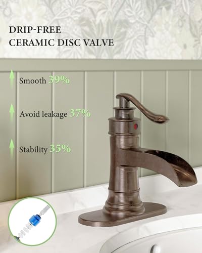 Bathroom Faucet Copper Waterfall Bathroom Sink Faucets Taps | with Single Handle Rustic Vanity Farmhouse RV Faucet Suitable for 1 or 3 Holes with Pop-up Drain Deck Plate Hose Homevacious - color: Copper