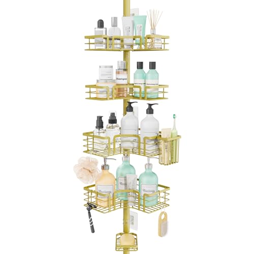 SWTYMIKI Shower Caddy Tension Pole - 4-Tier Corner Shower Organizer Tension Rod with Soap Holder, Toothbrush Holder & 4 Hooks, Adjustable Stainless Steel Bathroom Organizer 27.6 to 108.3 inch, Gold - color: Gold