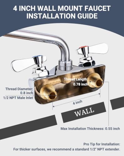 Commercial Sink Faucet - Leak Free Brass 4 Inch Wall Mount 2 Hole, 8" Swivel Spout 3 Compartment Sink Faucet for Restaurant/Industrial/Kitchen/Laundry/Bar - size: 4" Center 8" Swivel Spout