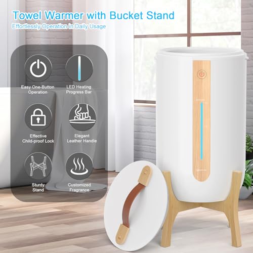 Keenray Towel Warmer for Bathroom, Towel Warmer Bucket with Heating Progress Bar, Fragrance Disc Holder, Leather Handle, Auto Shut-Off Towel Bucket Fits Up to Two 40" x 70" Towels, Blankets White - color: White/Wood, size: 19L