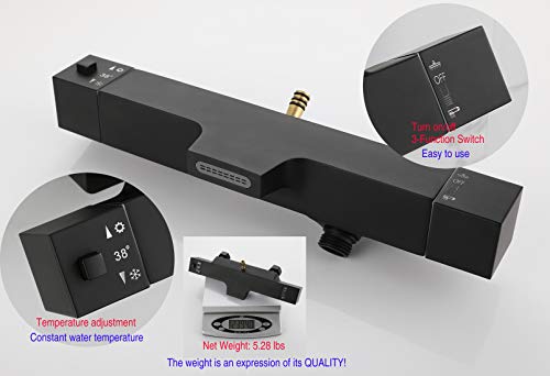 Wall Mounted Contemporary Thermostatic Shower Faucet Set Mixer Bathroom Bathtub Tap Fixtures Rainfall Waterfall Exposed Pipe Shower System with Tub Spout for Shower and Bath 3 Functions Matte Black