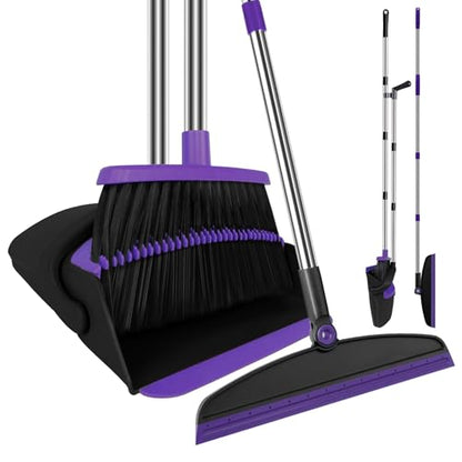 Broom and Dustpan Combo Set, 51" Long Handle Broom with Squeegee | Wet & Dry Cleaning for Pet Areas, Built-in Comb Dustpan, Foldable Space-Saving Storage, Multi-Surface Floor Cleaning - color: Purple
