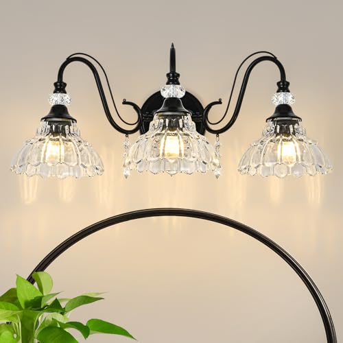Black Bathroom Vanity Light, 3-Light Matte Black Finish Farmhouse Wall Sconce with Hanging Crystal Accents and Flower-Shaped Clear Glass Shades, Retro Wall Mount Vanity Light Over Mirror for Bathroom - color: Black, size: 3-Light