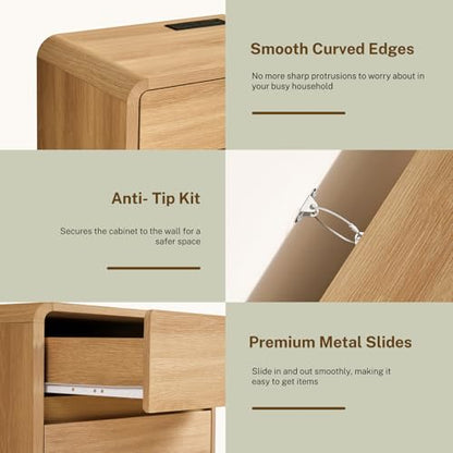 Night Stand, NightStand with 3 Storage Drawer and Charging Station, Bedside Table, Modern End Tables Wide Night Stands for Bedroom Sofa Couch Home Office, Natural - color: Unbzx026rd-zf