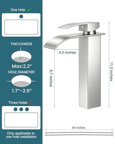 Brushed Nickel Bathroom Faucet 1 Hole Waterfall Vessel Sink Faucet | Certified NSF cUPC DOE CEC SUS304 steel.waterfall spout,Single Handle Bathroom Sink Fauce,Pop-up Drain,Fits vanity,Bar sink - color: A-Brushed Nickel, style: Tall