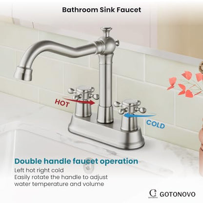 gotonovo 4 Inch Centerset Bathroom Faucet 2 Cross Handles Deck Mount 2 Hole Lavatory Vanity Utility Mixer Tap with Water Supply Hoses and Pop Up Drain RV Farmhouse, Brushed Nickel - color: Brushed Nickel