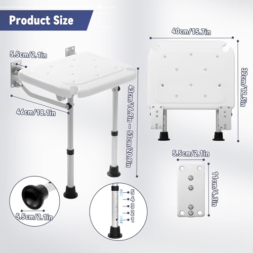 TYYIHUA Folding Shower Seat Wall Mounted, Shower Chair for Inside Shower | Adjustable Height from 16.9" to 20.9", Foldable Shower Bench Stool for Adults, Pregnant Women, Elderly and Disabled