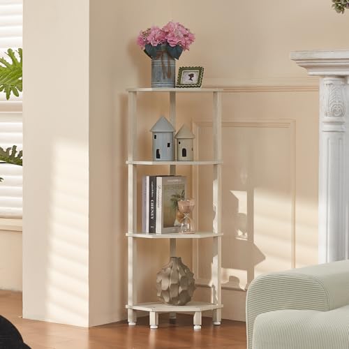 YUFAM 4-Tier Corner Shelf, Grey White | Wooden Corner Bookshelf for Small Spaces, Corner Standing Shelf with Sturdy 5-Leg Base - color: Grey White, size: 4 Tier