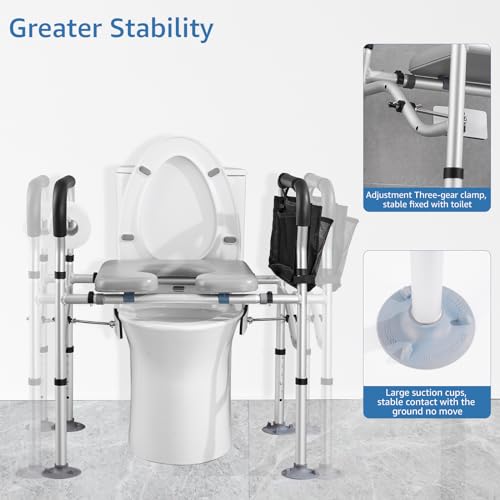 Raised Toilet Seat 400lbs,Height Adjustable | Toilet Seat Risers for Seniors,Handicap Elevated Toilet Seat with Handles & Padded Seat,Commode Chair for Elderly,Pregnant - color: Grey