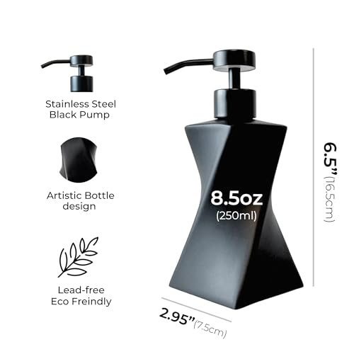 Modern Black Soap Dispenser with Black Stainless Steel Pump, 8.5oz | Modern Mid Century Decor, Matte Black Pump, Unique Twisted Liquid Soap Dispenser for Bathroom & Kitchen