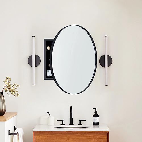Surface Mount Black Round Circle Bathroom Medicine Cabinet with Mirror Circlular Shaped Stainless Steel Metal Framed Medicine Cabinets Bathroom Cabinet with Mirror 26'' Diameter - color: Matt Black, size: 26'' Dia