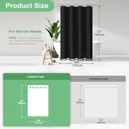 Stall Shower Curtain and Liner Set - 54 inch Wide Boho Shower Curtain and Waterproof Clear Liner, Tufted Geometric Striped Textured Tassel Shower Curtains for Bathroom, 10 Hooks, 54x72, Black - color: Black, size: 54"W x 72"L (Pack of 1)