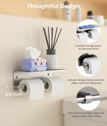 Double Toilet Paper Holder with Shelf, Wall Mount Tissue Roll Holder for Bathroom, 304 Stainless Steel Commercial Toilet Paper Dispenser with Phone Shelf, Brushed Nickel - color: Brushed Nickel