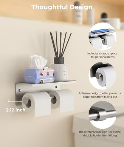 Double Toilet Paper Holder with Shelf, Wall Mount Tissue Roll Holder for Bathroom, 304 Stainless Steel Commercial Toilet Paper Dispenser with Phone Shelf, Brushed Nickel - color: Brushed Nickel