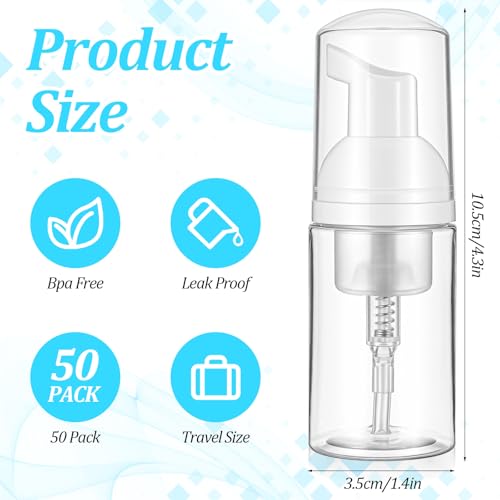 50Pcs Foam Pump Bottle 1oz Refillable Dispenser Bulk Travel Size Plastic Mini Empty Foaming Bottles 1 oz Portable Clear Foaming Pump Bottle for Lash Shampoo, Cleaning, Cosmetics (30ml)