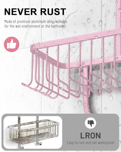 Pink Shower Caddy for Bathroom - Never Rust Hanging Shower Organizer with Soap Basket and Hooks - Large Capacity 3 Tier Aluminum Over The Showerhead Caddy - color: Pink
