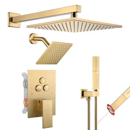 VANFOXLE Shower Faucet Set Brushed Gold Shower System, Push Button Diverter | 10 Inch Wall Mount Rain Head Increased Thick, 6 Inch Side Head, 2-in-1 Handheld Sprayer, Solid Brass Valve, Rust Resistant - color: Brushed Gold