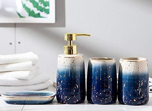 Ceramic Bathroom Accessories Set Gradient Blue 4 Pieces | Includes 2 Gargle Cups, 1 Soap Dish, 1 Ceramic Storage Jar, Suitable For Bathroom - color: Blue Set of 4