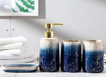 Ceramic Bathroom Accessories Set Gradient Blue 4 Pieces | Includes 2 Gargle Cups, 1 Soap Dish, 1 Ceramic Storage Jar, Suitable For Bathroom - color: Blue Set of 4