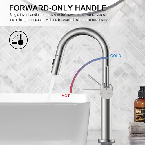 Pull Down Bathroom Faucet 1 Handle, Brushed Nickel Vessel Sink Faucet | Vessel Bowl Faucet with Pop Up Drain & Supply Lines, Lead-Free cUPC & NSF Certified, 1 Hole Faucet for Vanity RV Restroom - color: Brushed Nickel, size: Tall