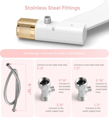 Ultra-Slim Bidet Attachment, Posterior&Feminine Wash-(Retractable Dual Nozzles), Non-Electric Bidet Attachment for Toilet Seat, Adjustable Fresh Cold Water Pressure, Stainless Steel Inlet (Gold)