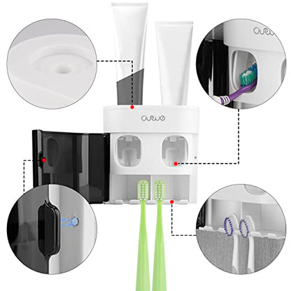 Linkidea Toothbrush Holder with 2 Toothpaste Squeezer, 4 Slot Plastic Brush Hanger for Shower Bathroom, Wall Mount Dispenser Compatible with Oral-B CrossAction, Colgate Extra Clean