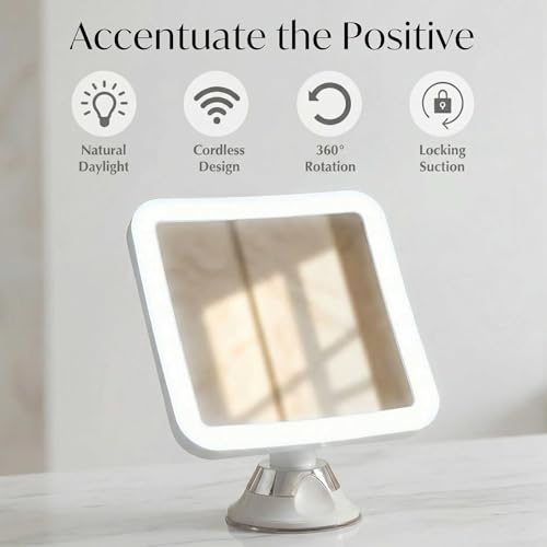Fancii 10X Magnifying Lighted Makeup Mirror - Daylight LED Vanity Mirror - Compact, Cordless, Locking Suction, 6.5" Wide, 360 Rotation, Portable Illuminated Bathroom Mirror (Square)