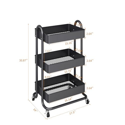 MIOCASA 3-Tier Metal Utility Rolling Cart, Heavy Duty Multifunction Cart with Lockable Casters, Easy to Assemble, Suitable for Office, Bathroom, Kitchen, Garden (Dark Gray, 3-Tier-Metal) - style: Dark Gray
