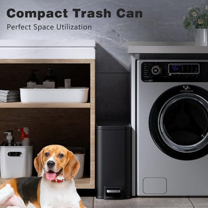 Bathroom Trash Can with Lid Slim 1.6 Gallon Stainless Steel Garbage Can with Removable Inner Bucket Soft Close Lid Durable Step Pedal Trash Bins for Toilet Bedroom Office (Matte Black, 1.6 Gallon) - color: Matte Black, size: 1.6 Gallon