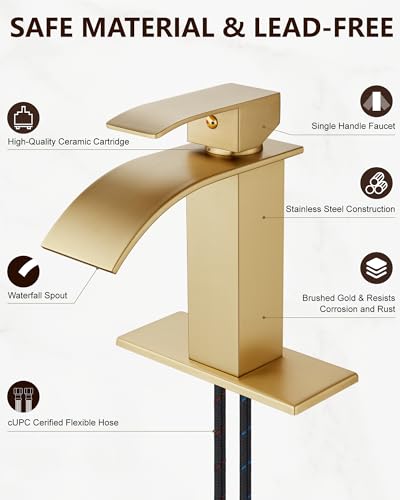 Midanya Waterfall Bathroom Faucet 1 Hole,Brushed Gold | with 24” Hoses,Pop Up Drain,6” Deck Plate,for 1 or 3 Hole Vanity,Lavatory,RV,Single Handle Bathroom Sink Faucet,NSF Certified - color: Light Gold