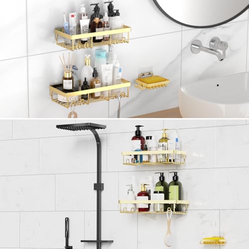 Moforoco 3-Pack Shower Caddy Basket Shelf with Soap Holder, No Drilling Traceless Adhesive Shower Wall Shelves, Rustproof Black Bathroom Shower Storage Organizer - color: Gold