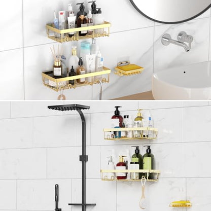 Moforoco 3-Pack Shower Caddy Basket Shelf with Soap Holder, No Drilling Traceless Adhesive Shower Wall Shelves, Rustproof Black Bathroom Shower Storage Organizer - color: Gold