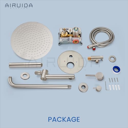 Airuida 3-Function Shower System with Tub Spout – Round Rainfall Shower Faucet Combo,Handheld Spray with 2 Functions,Includes Rough-In Valve with 360° Rotating Drain,12 Inch Shower Head,Brushed Nickel - color: Brushed Nickel, size: 12 Inch