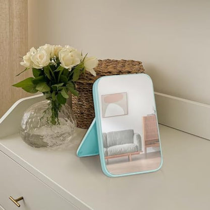 8-Inch Table Desk Vanity Makeup Mirror, Simple Portable Travel Mirror with Stand, Standing and Wall Hanging Dual-use, Blue - color: Blue
