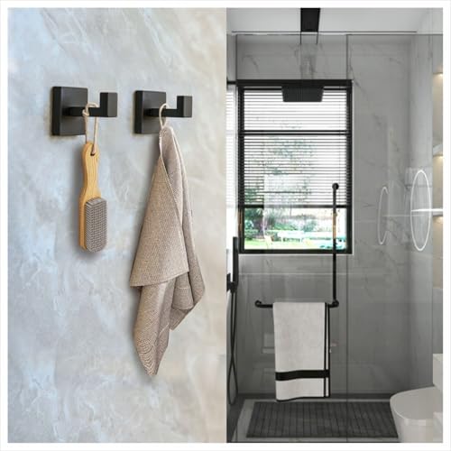 Matte Black Towel Hooks, SUS 304 Stainless Steel Robe Hooks, 2 Pack | Wall mounted bathroom hooks with matte black finish for towels, robes, coats and clothes; ideal for kitchen and bedroom