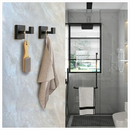 Matte Black Towel Hooks, SUS 304 Stainless Steel Robe Hooks, 2 Pack | Wall mounted bathroom hooks with matte black finish for towels, robes, coats and clothes; ideal for kitchen and bedroom