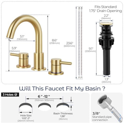 Bathroom Faucet 3 Hole Brushed Gold, 2-Handle Widespread Faucet | Lead-free stainless steel, pop-up drain, Detachable faucet aerator, 360°swivel, for RV & vanity sink 3-hole mount - color: 1-Brushed Gold, style: 8 Inch Widespread