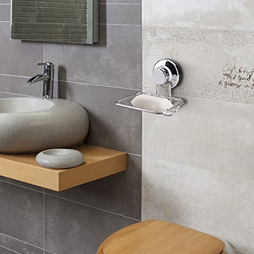 Super Powerful Vacuum Suction Cup Soap Dish, Updated Strong Rustproof Stainless Steel Shower Caddy Soap Saver Sponge Holder for Bathroom & Kitchen Sink - color: Chrome