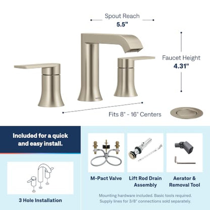 Moen Genta LX Two-Handle High Arc Widespread Bathroom Sink Faucet, for 3-Hole Setups, Valve Included, Brushed Nickel, TV6708BN - color: Brushed Nickel